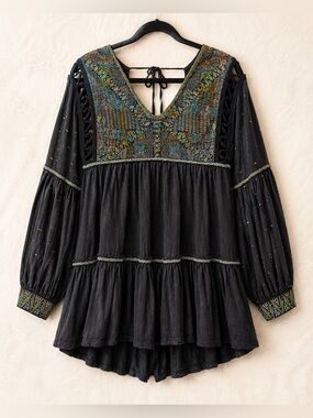 Rare Free People Embroidered Boho Washed Black 100 % Cotton Tunic Dress S